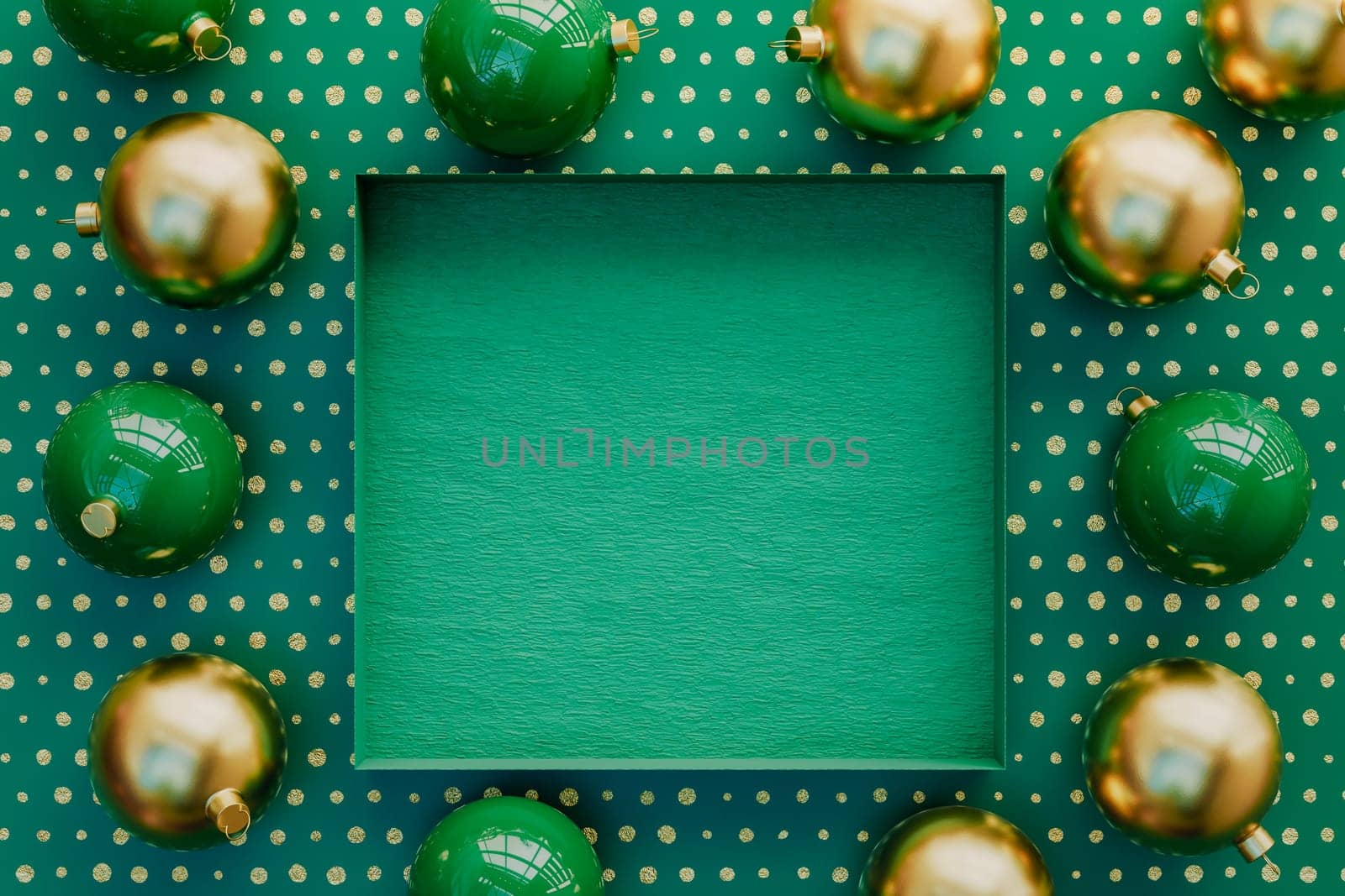 3D rendering of a Christmas terrazzo background with baubles around an empty box in the center with copy space for text