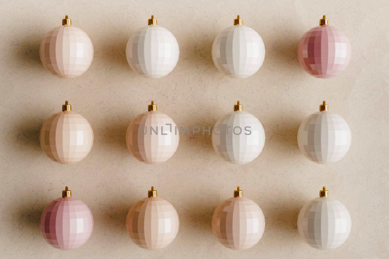 3D rendering of a blush rose Christmas background with organized baubles