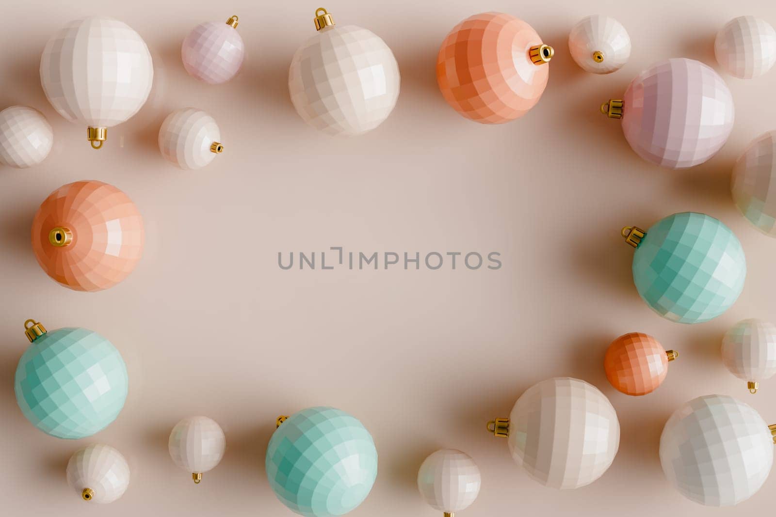 3D rendering of a blush rose Christmas background with baubles and copy space in the center