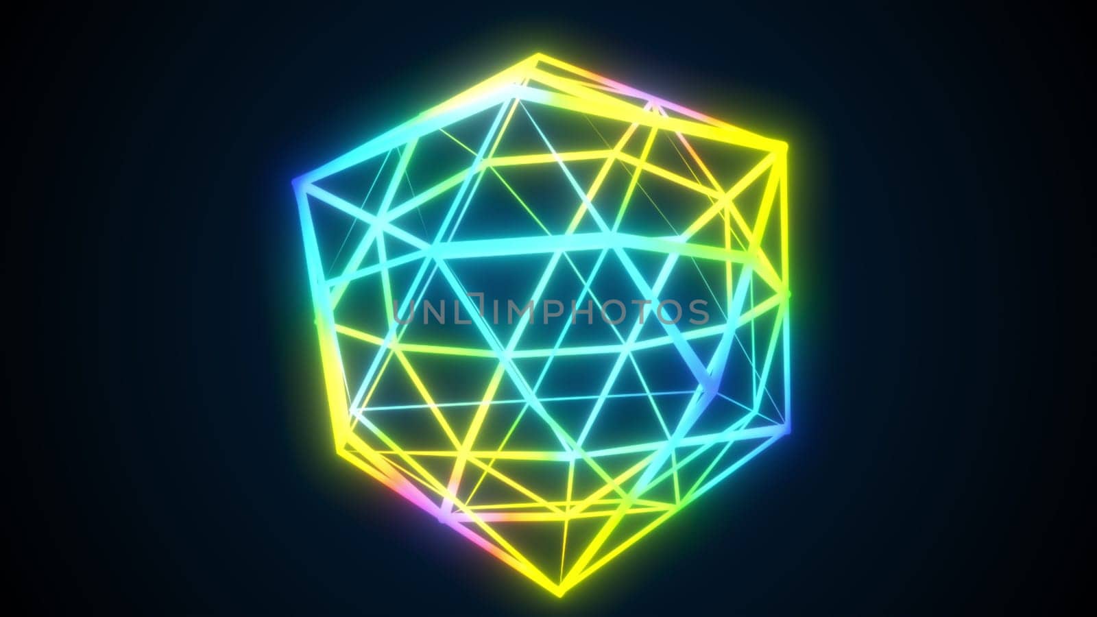 Holographic polygon 3d render with bright gradient. Abstract cyber fractal with braided lines. Complex block in futuristic ornament. Element of online decor in presentation with creative lighting.