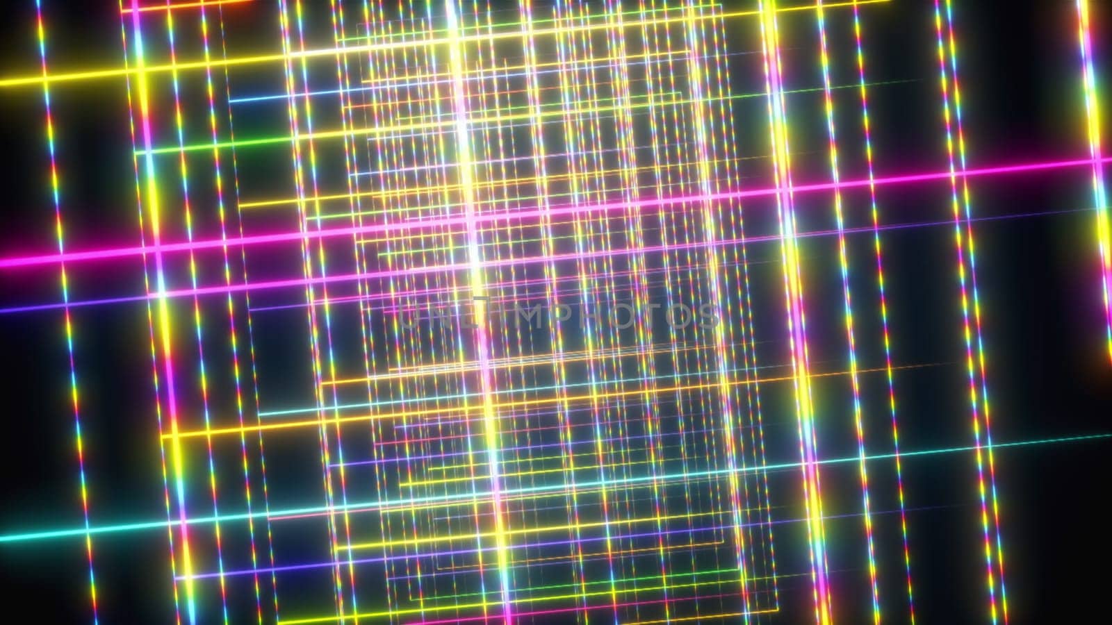 Geometric 3d render intersecting lines in digital synthwave. Thin strips rays running along vaporwave surfaces. Electronic futuristic disco with brilliant techno style. Night party in retro design.