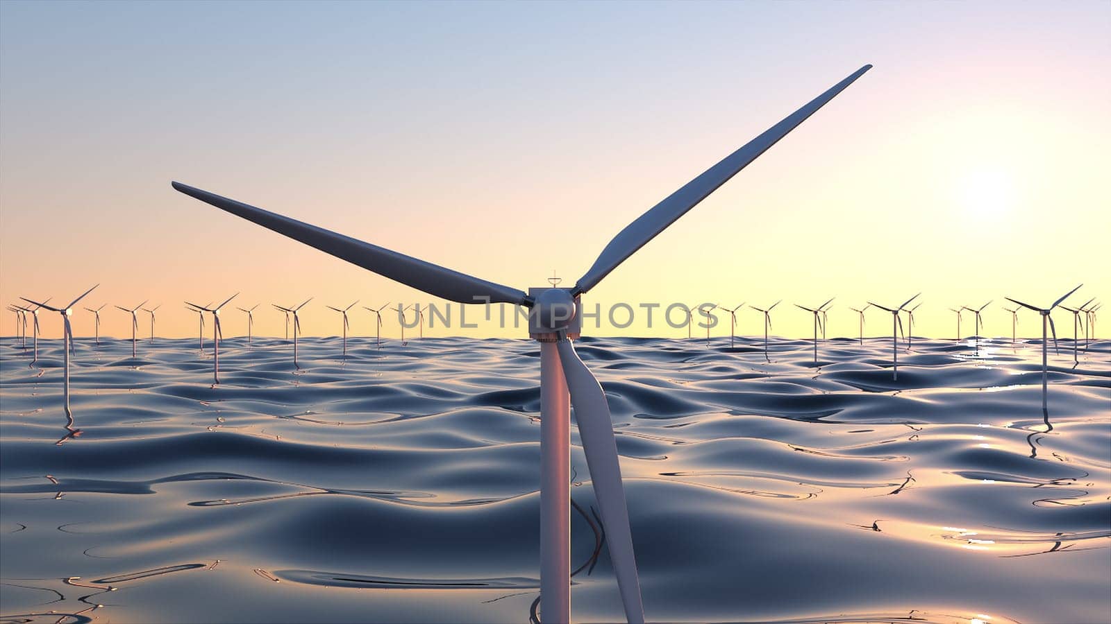 Turbine mills generate 3d render of clean electrical energy for industry and consumers. Seascape with realistic eco friendly propeller manufacturing windfarm devices.