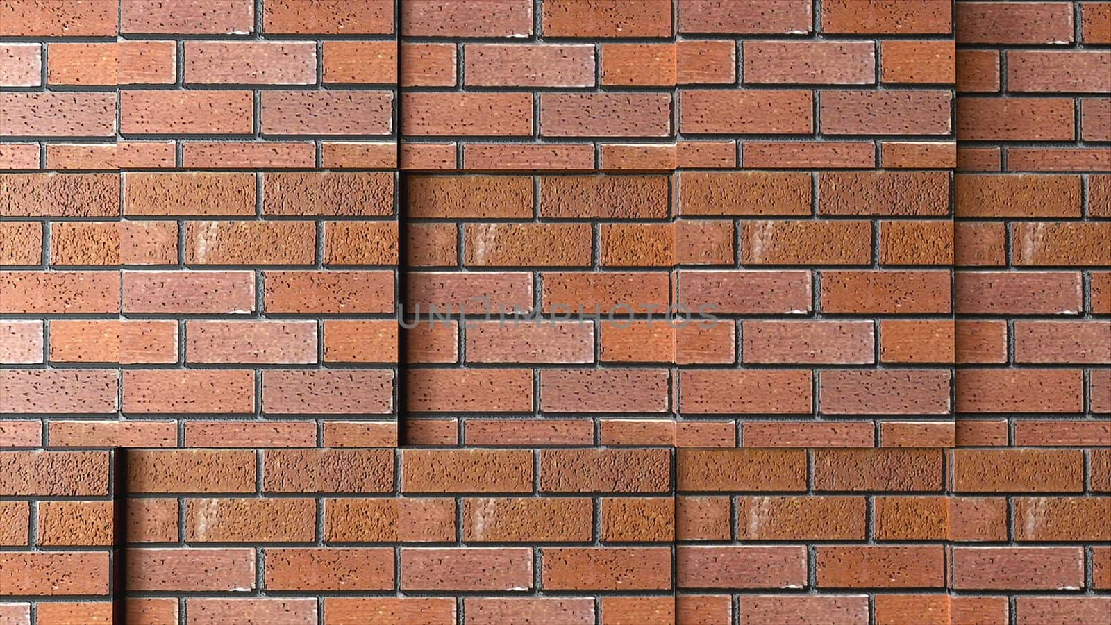 Architectural masonry with 3d render of square cutouts. Fashionable style of construction with rough brick blocks and layers of hardened mortar. Urban minimalism of buildings with simple design.