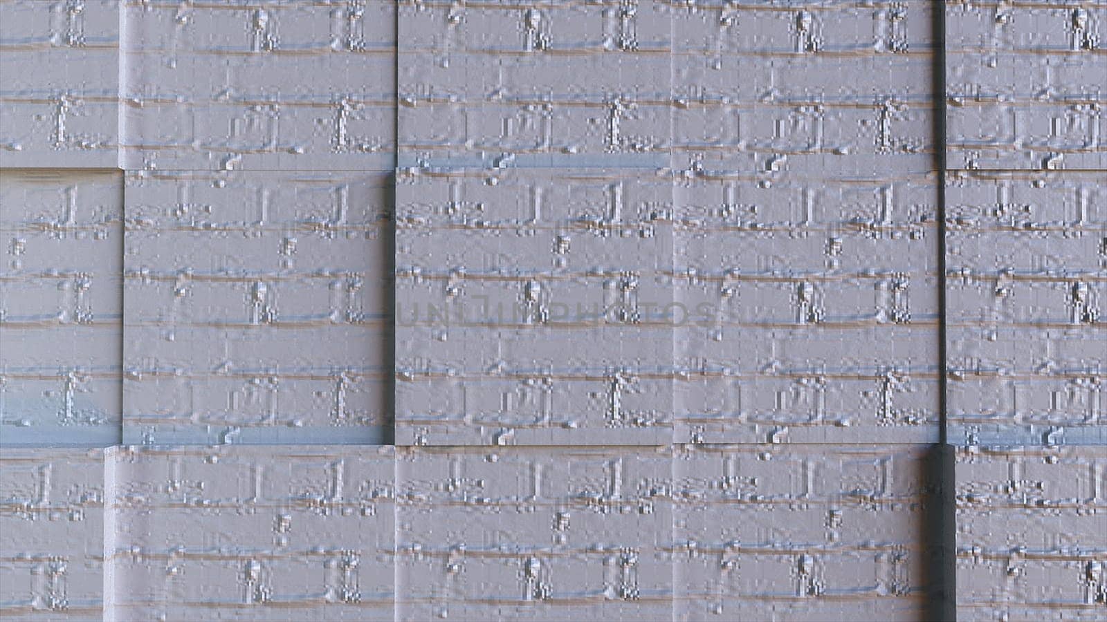 Architectural masonry with 3d render of square cutouts. Fashionable style of construction with rough brick blocks and layers of hardened mortar. Urban minimalism of buildings with simple design.