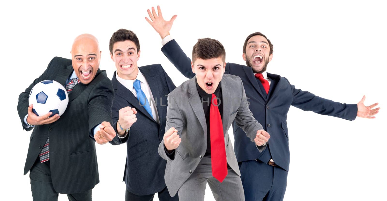 Team of happy businessmen with soccer ball isolated in white