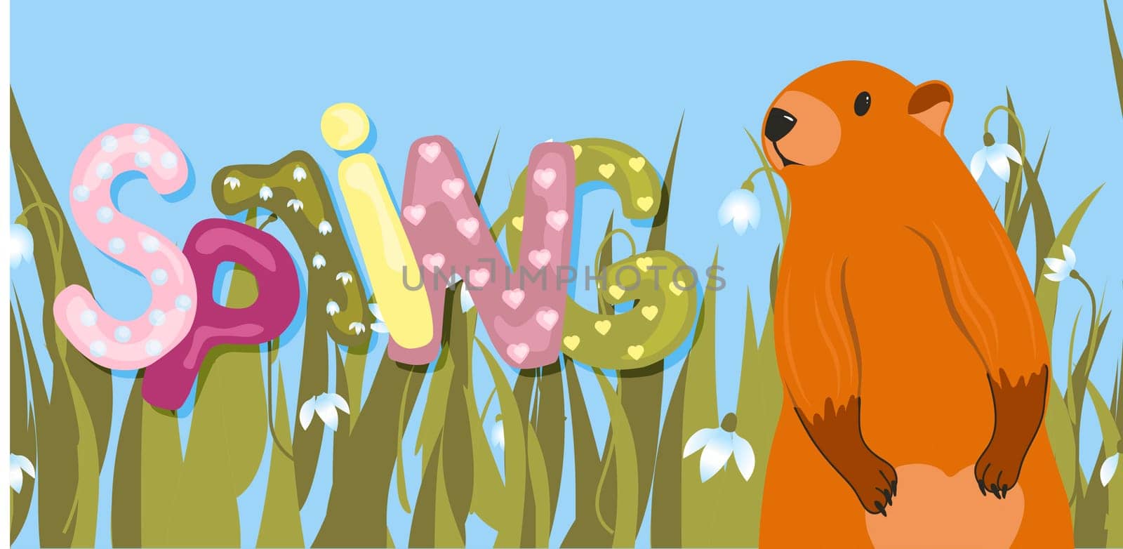 Spring. The inscription on a light background. Trendy trendy background. Groundhog Day horizontal banner. Spring meeting. Cute character marmot rodent.