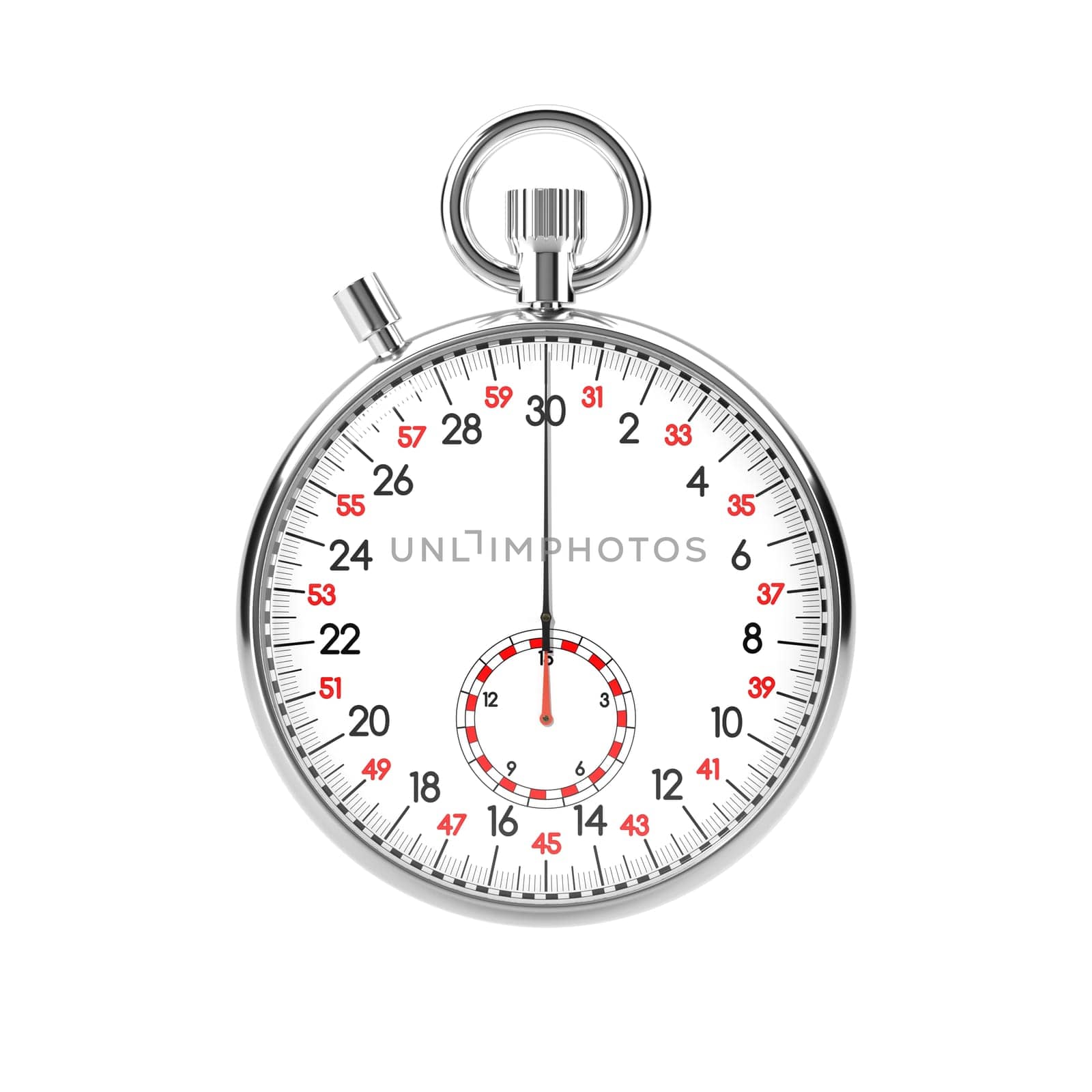 Mechanical stopwatch illustration. Retro classic style clock. Metallic chronometer with white face and black and red numbers. Isolated on white background. Time is money, deadline, accuracy concept.