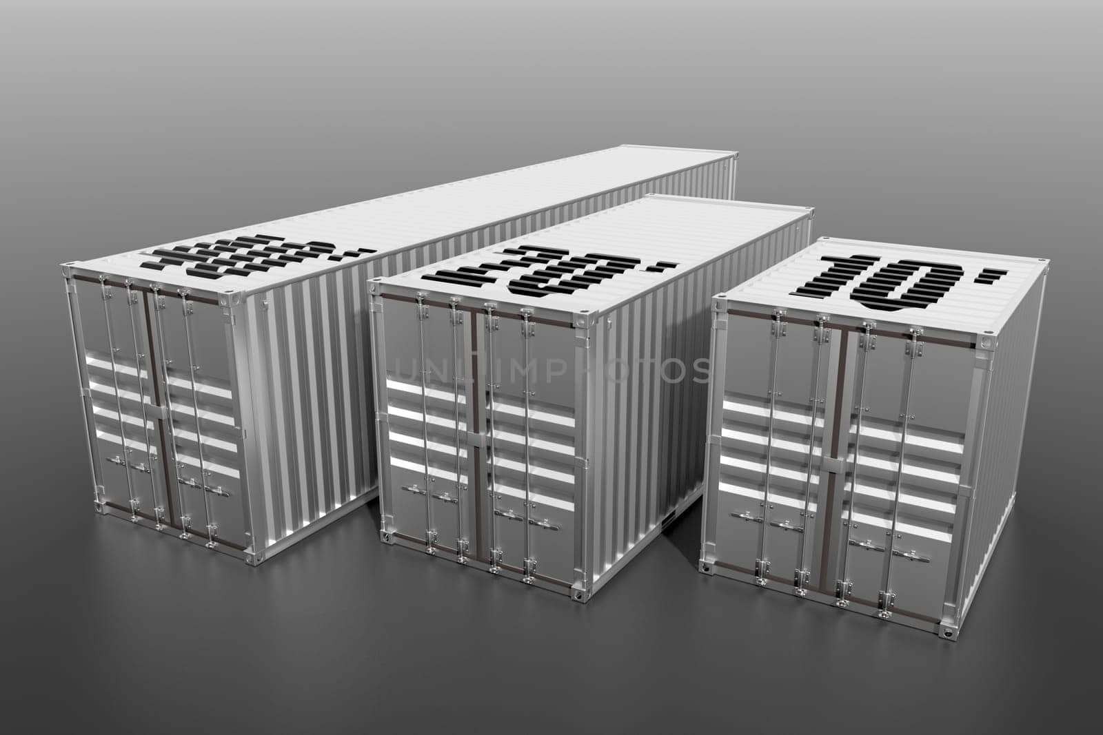 Set of 3 ship cargo containers 10 20 40 feet length. Grey metallic freight box on grey background. Marine logistics, harbor warehouse, customs, transport shipping concept. 3D illustration