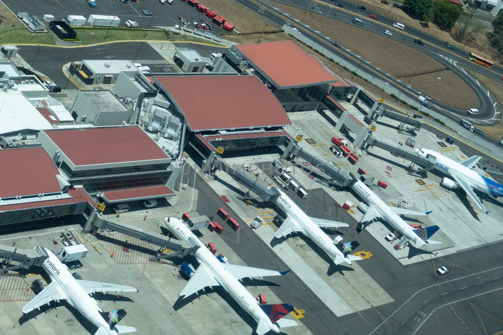 SAN JOSE, COSTA RICA - MAR 11, 2019: aerial view of San Jose international airport in  Costa Rica.