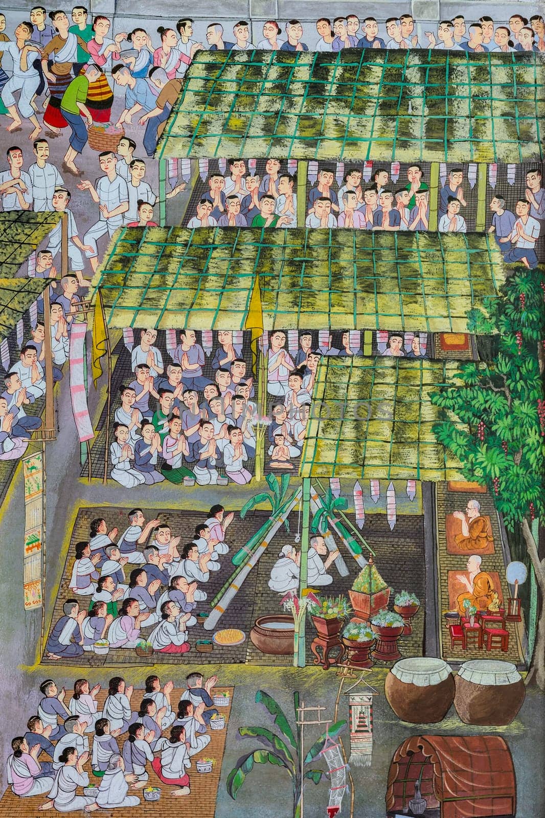 CHIANG MAI,THAILAND - OCTOBER 27, 2014 : Thai Lanna mural painting of Buddist festival on temple wall of Wat Chaimongkol Temple in Chiang Mai, Thailand.