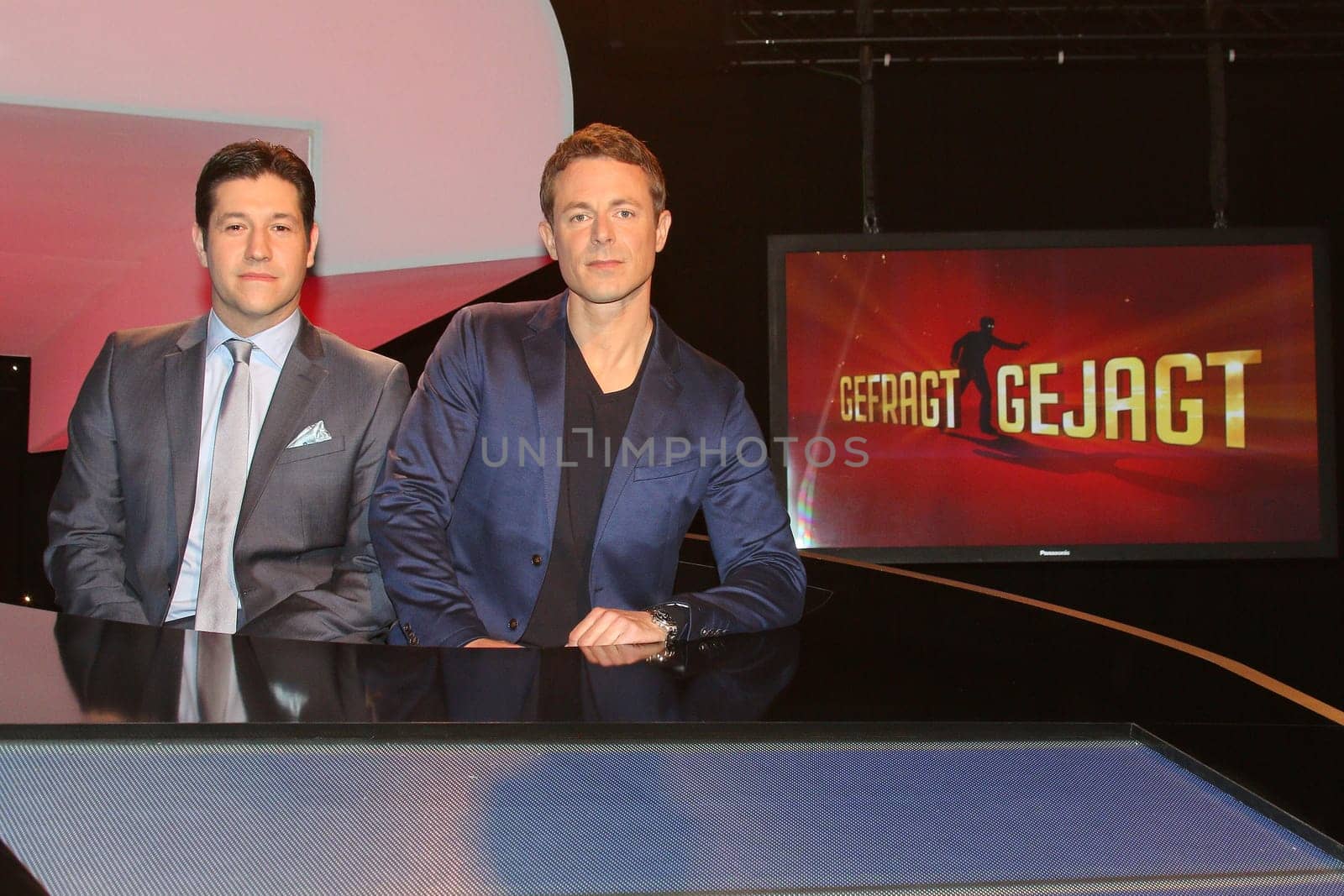 Alexander Bommes and Sebastian Jacoby (Der Jaeger),photo opportunity of the quiz show "Gefragt - Gejagt"" at Studio Hamburg,Hamburg,24.04.2015"