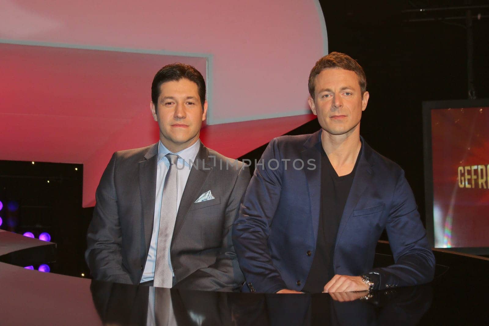 Alexander Bommes and Sebastian Jacoby (Der Jaeger),photo opportunity of the quiz show "Gefragt - Gejagt"" at Studio Hamburg,Hamburg,24.04.2015"