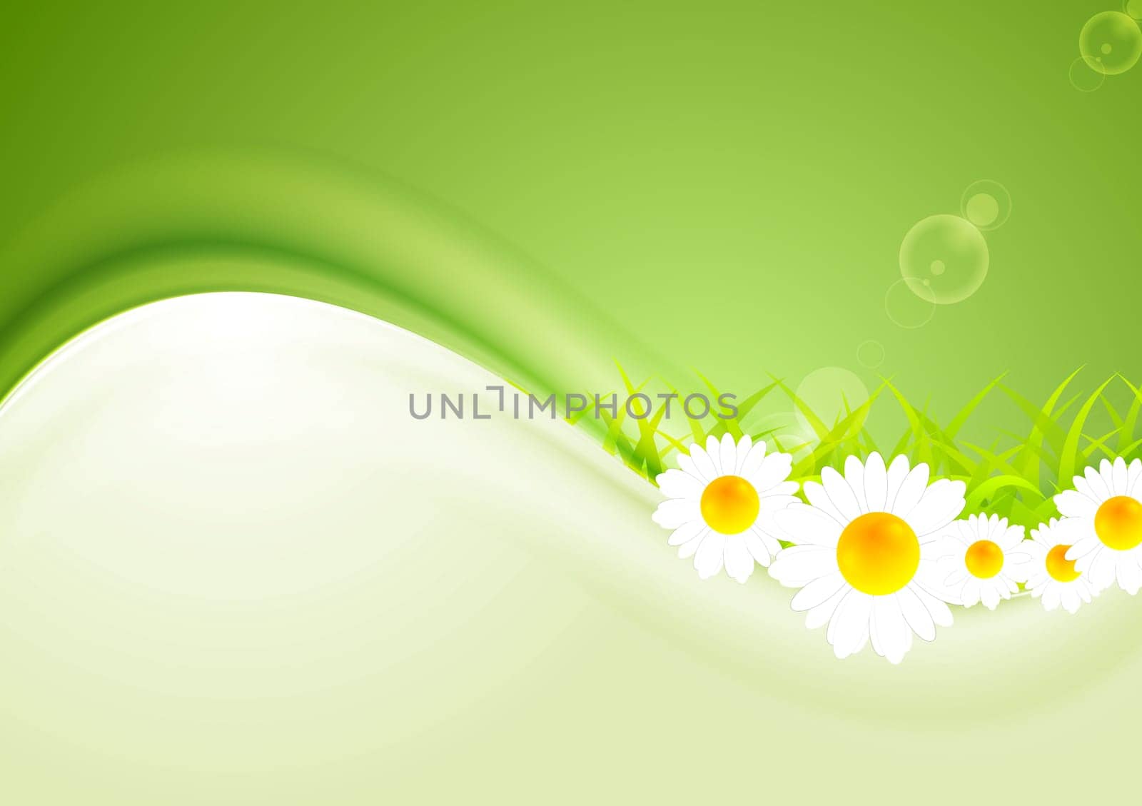 Modern bright summer background. Vector camomiles and shiny waves for design