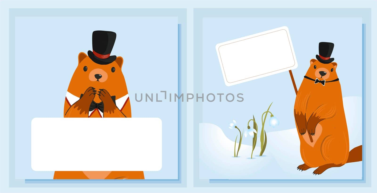 Happy groundhog day design with cute marmots. Marmot or beaver wild animal relax on nature vector illustration. Funny character. set of greeting cards. Vector illustration.
