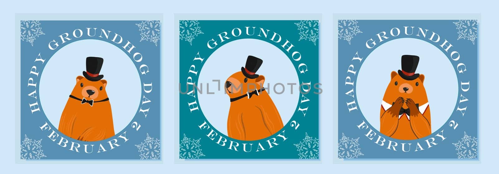 Happy groundhog day design with cute marmots. Marmot or beaver wild animal relax on nature vector illustration. Funny character. set of greeting cards. Vector illustration.