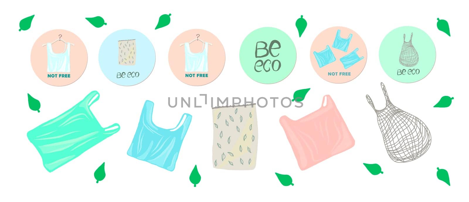 paid disposable packages to supermarkets, plastic bags, balls for vegetables, cereals and candies. Eco activity. Environmental protection. Vector illustration on the theme of smart consumption and eco