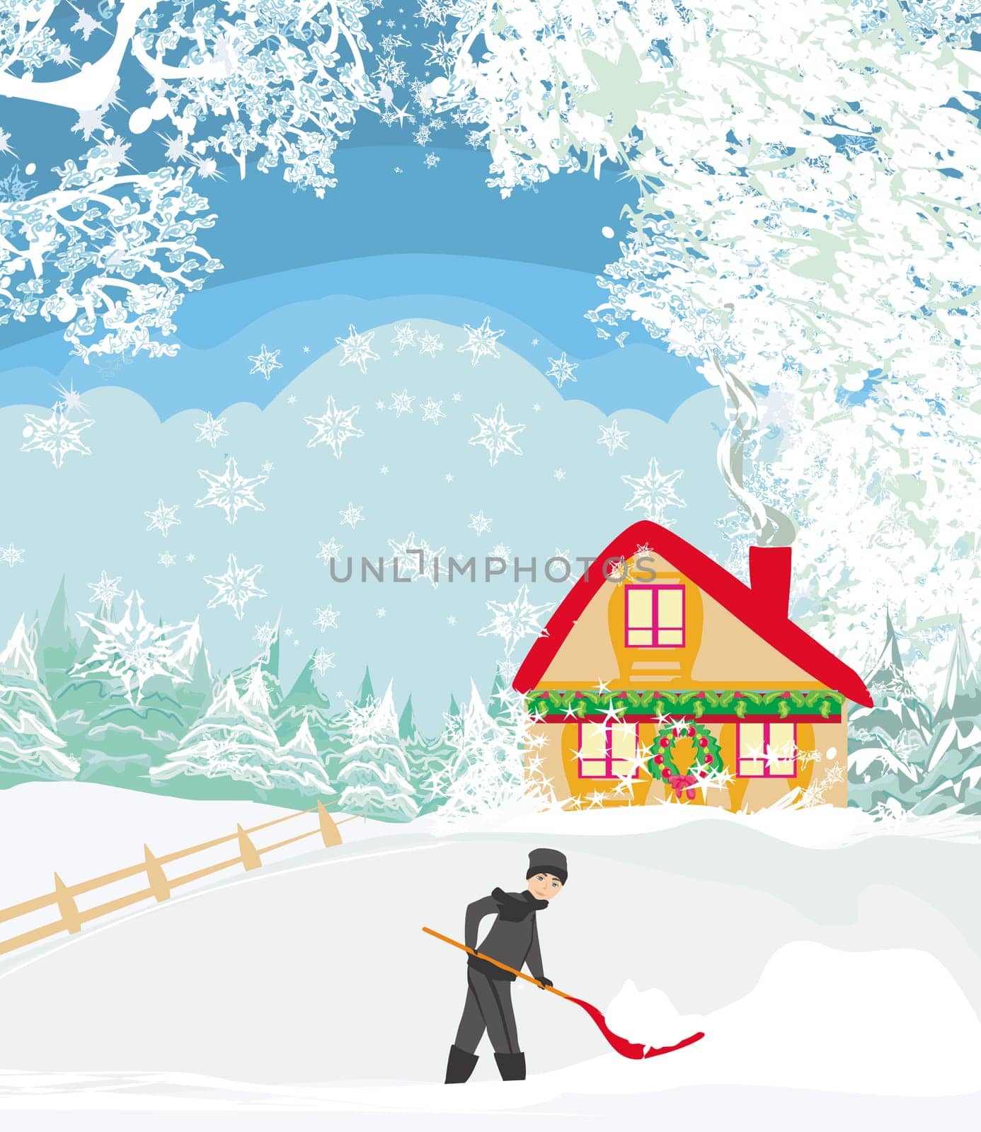Man shoveling snow on winter landscape