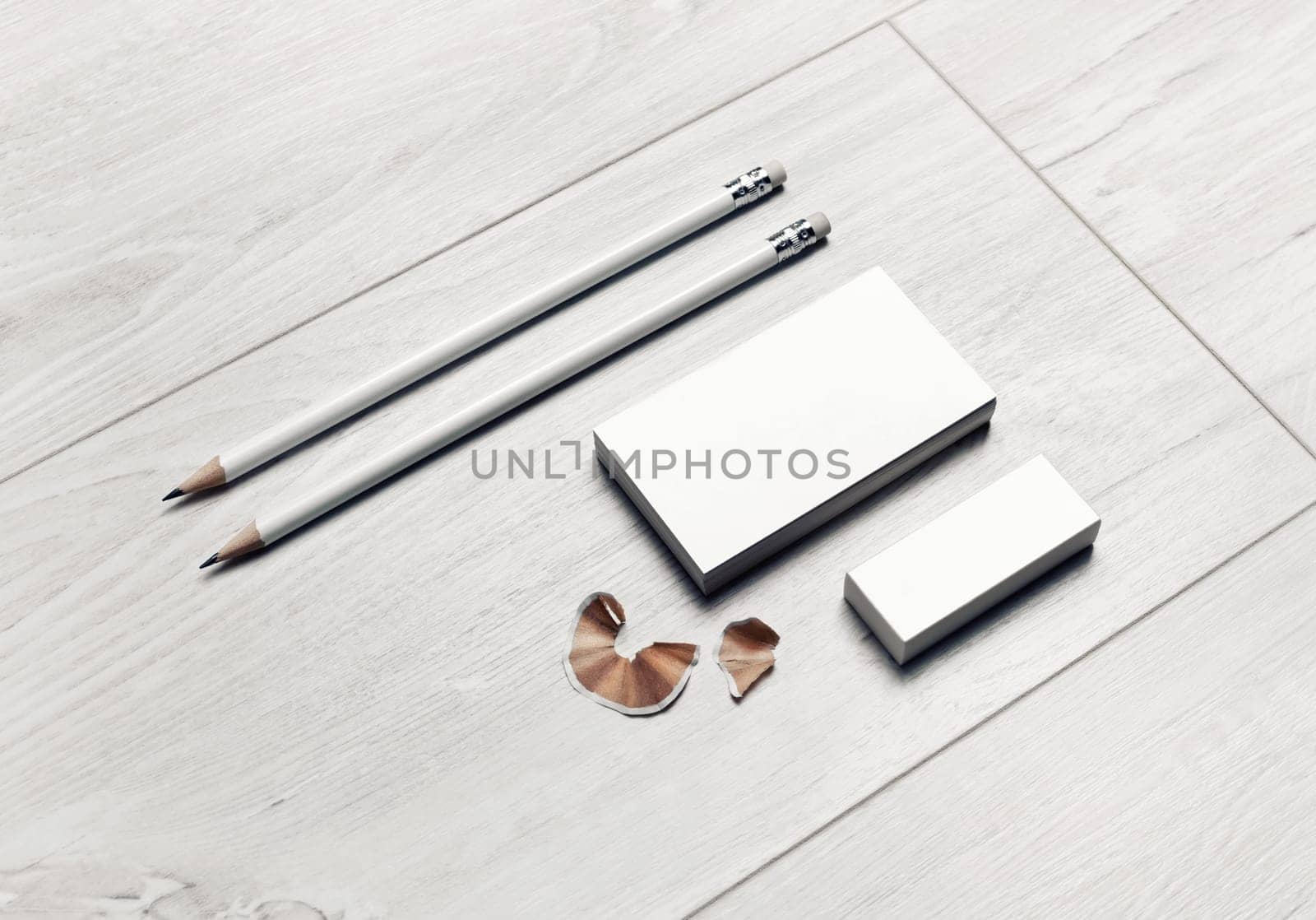 Blank stationery set. Blank business cards, pencils and eraser. Template for branding identity.