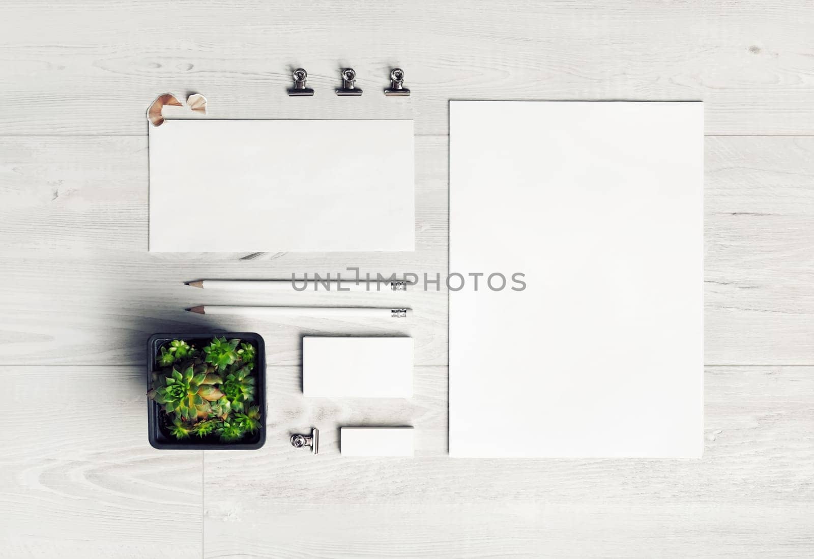 Photo of blank stationery set on light wooden background. Corporate identity template. Responsive design mockup. Top view. Flat lay.