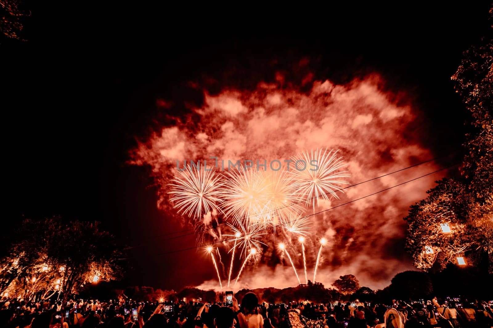 Group of people watching fireworks and using cellphones to record event. People capturing a fireworks shows with their mobile phone. Colorful fireworks celebration and the night sky background