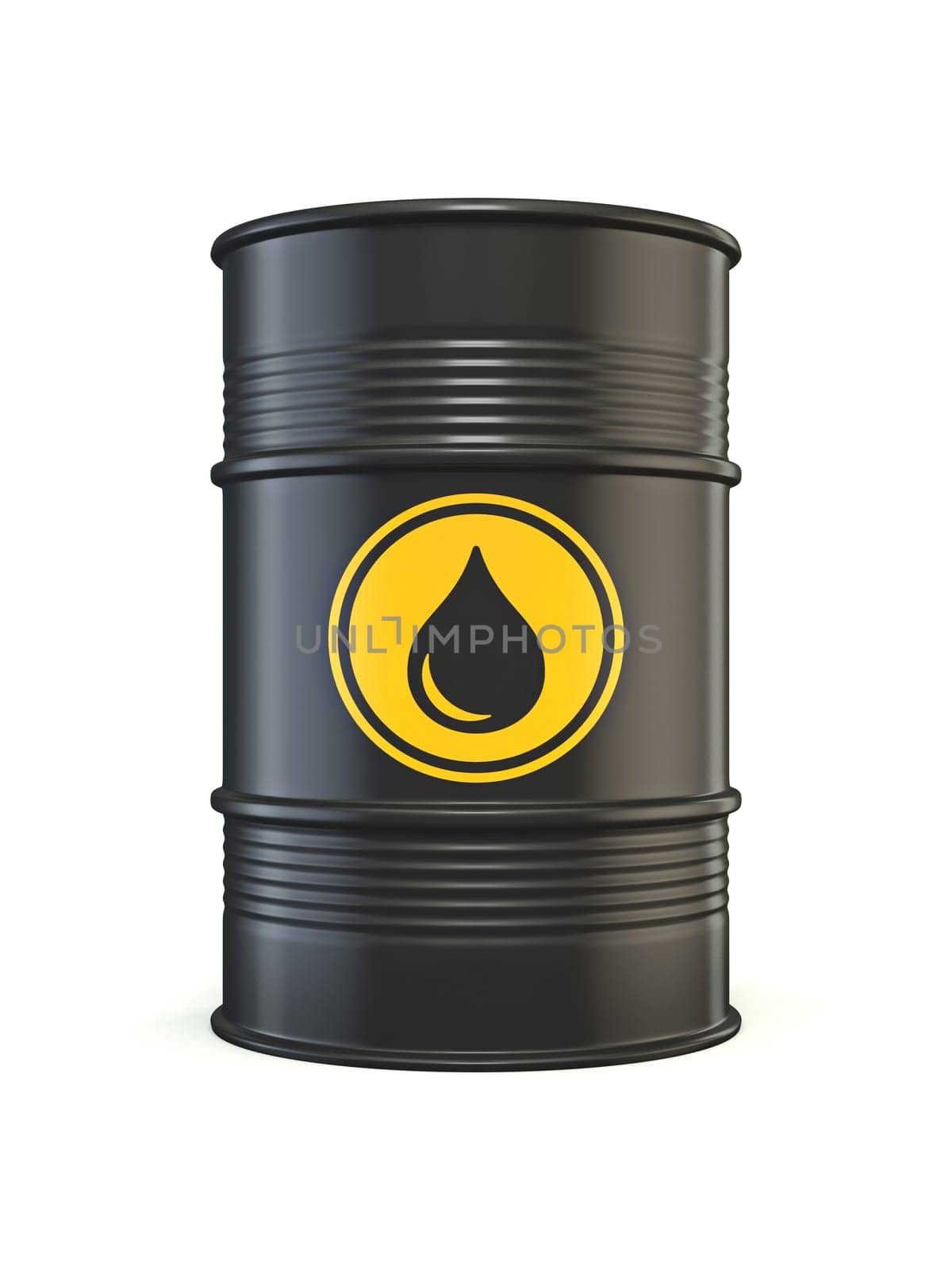 Black barrel with oil drop yellow sign 3D rendering illustration isolated on white background