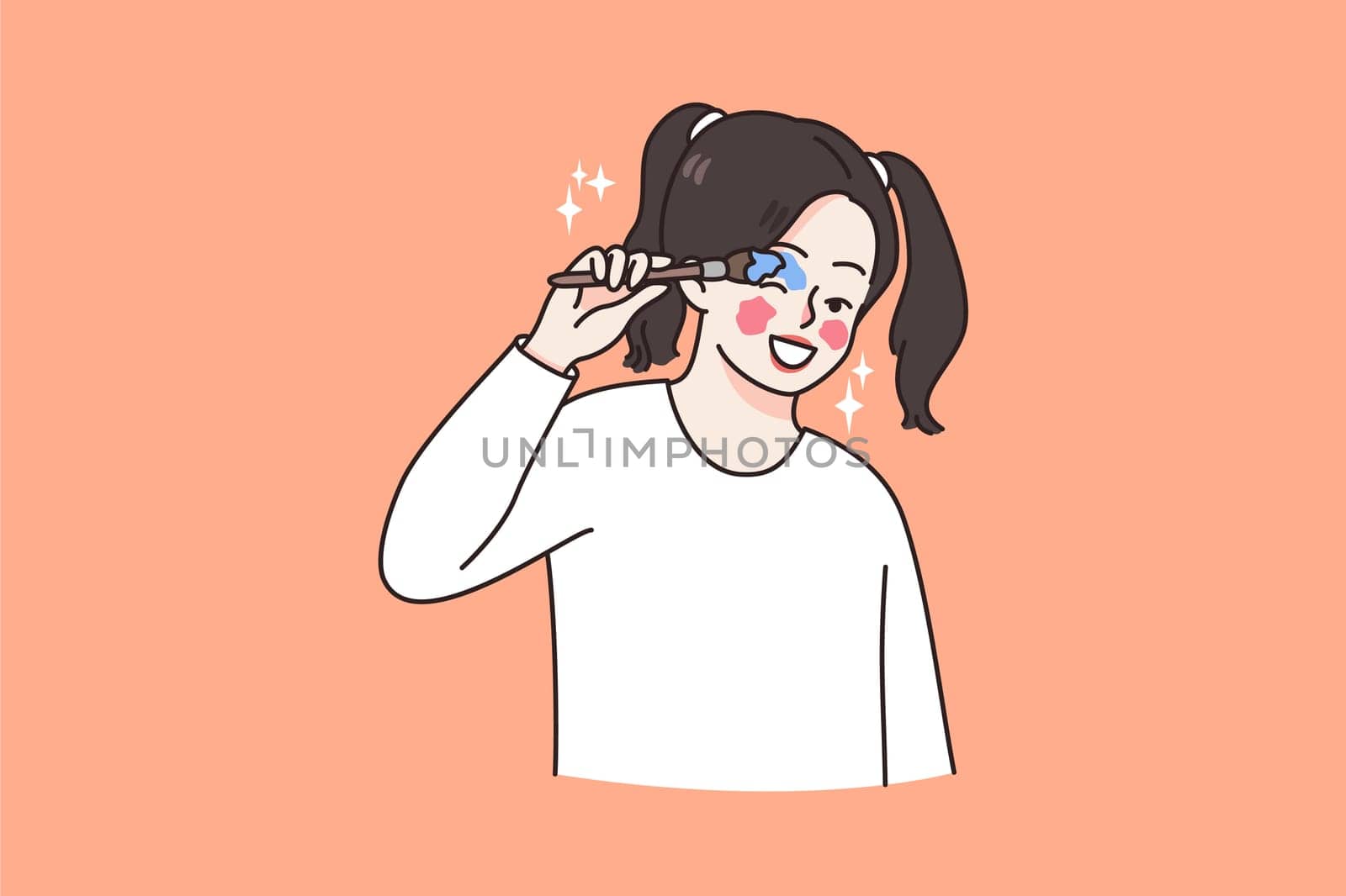 Cute little teen girl child paint eyes with brush do makeup dream of becoming stylist or artist. Small kid or child enjoy make up, play with cosmetic or beauty products. Flat vector illustration.