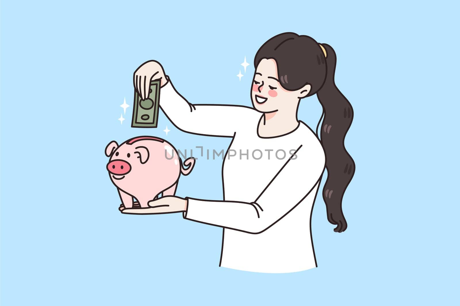 Happy economic young woman put banknote in piggybank save money for future. Smiling girl make currency cash financial investment think of budget. Finance planning concept. Flat vector illustration.