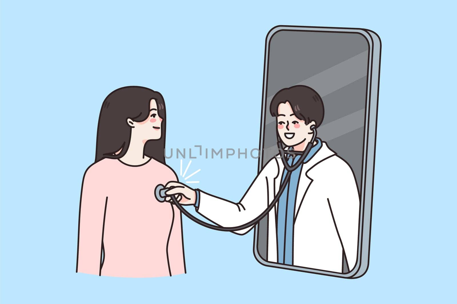 Happy young woman have online consultation on cellphone with male doctor. Man GP examine female patient on internet appointment on smartphone. Remote medicine service. Vector illustration.