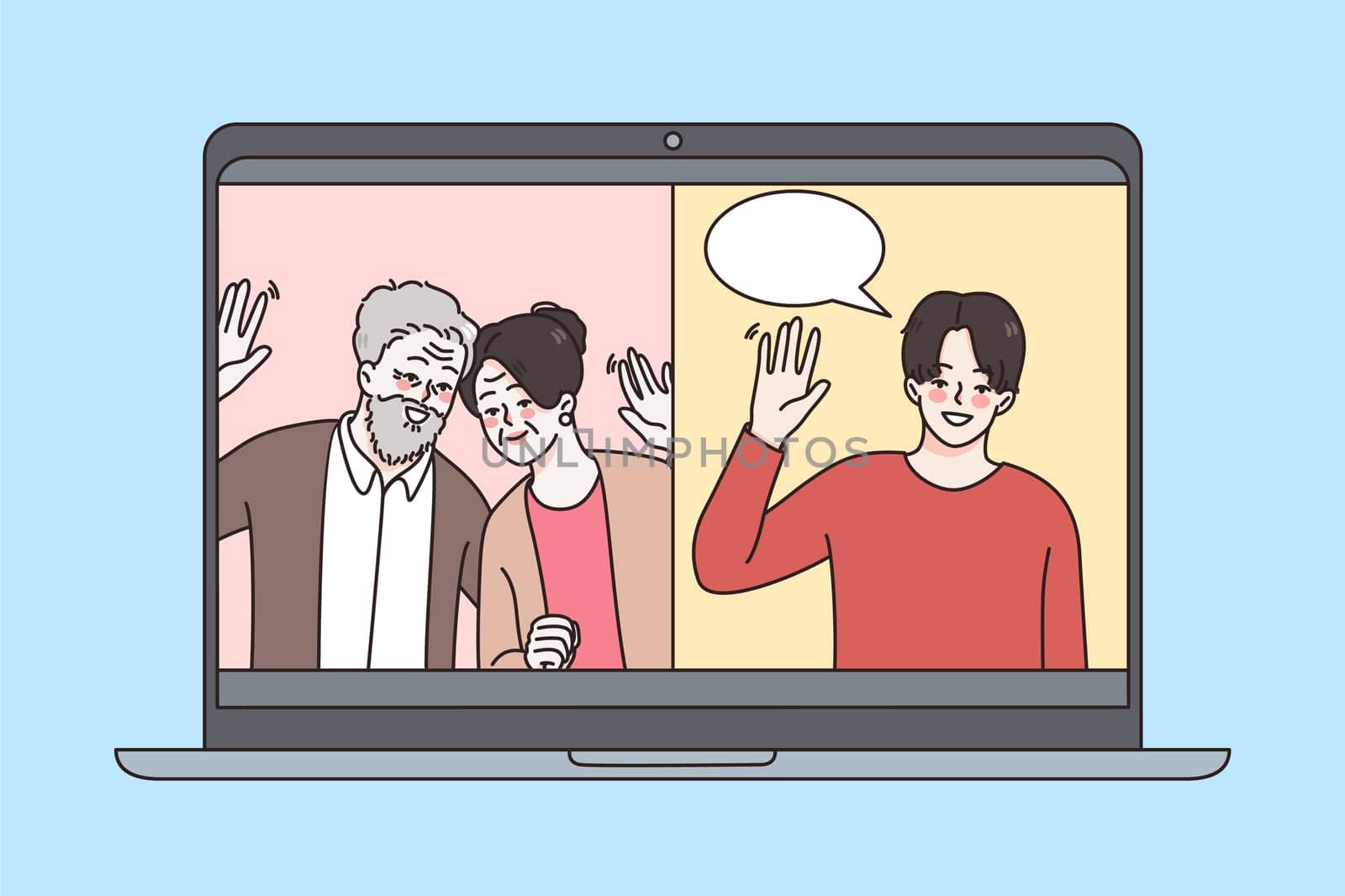 Laptop screen with smiling young guy talk on video call with elderly parents wave greeting. Happy mature mother and father have webcam digital communication with son on computer. Vector illustration.
