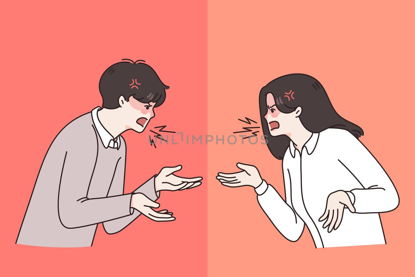 Furious couple yell scream at each other suffer from misunderstanding in relationships. Angry mad man and woman shout, have family fight or argument. Breakup, divorce concept. Vector illustration.