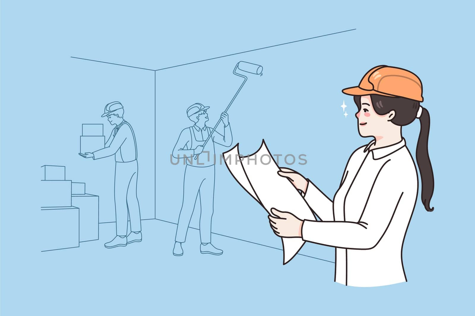 Woman architect with house plan control work on construction site. Female engineer or supervisor with paperwork manage workers team building object. Architecture concept. Vector illustration.