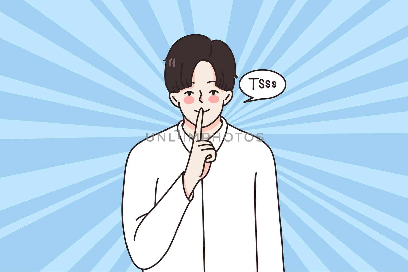 Young man hold finger at lips ask for silence and secrecy. Businessman or male employee please be quite, keep business project secret. Mystery and hidden plan concept. Flat vector illustration.