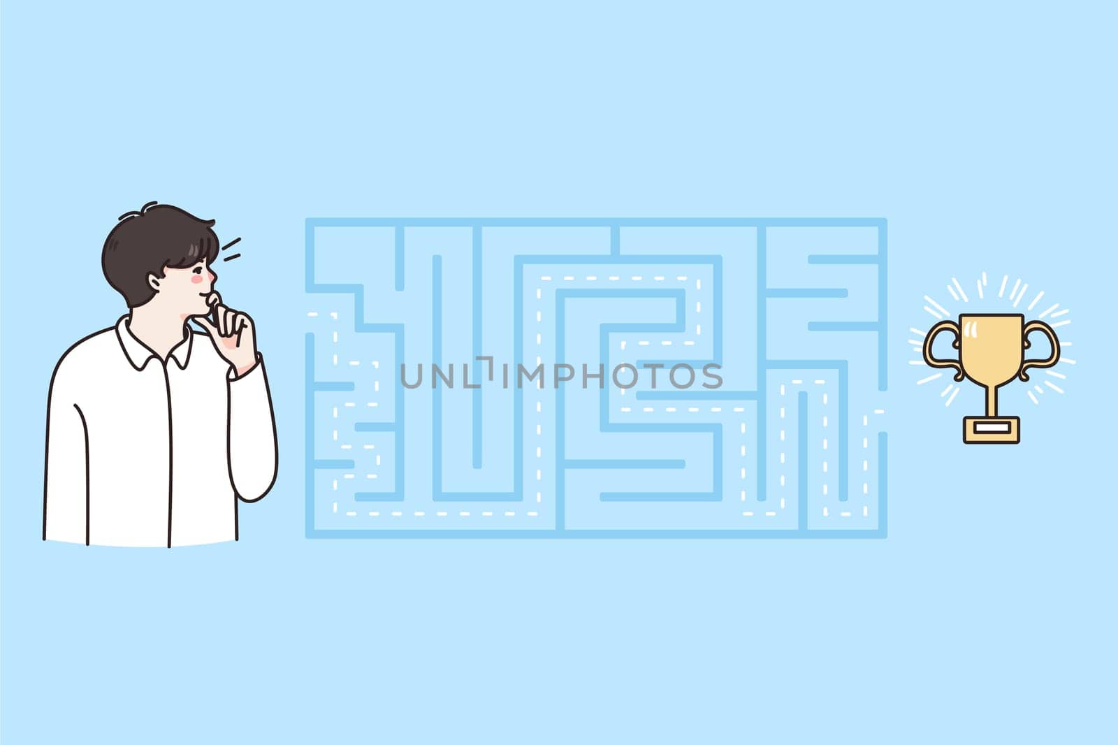 Pensive businessman look at maze search for solution to win prize or award. Man employee brainstorm engaged in creative thinking for goal or ail achievement or success. Flat vector illustration.