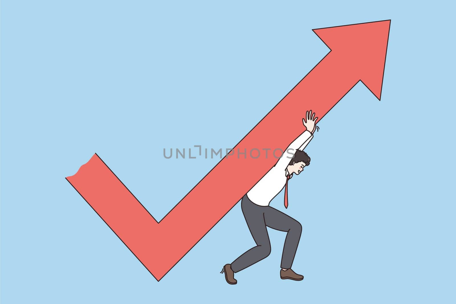 Young businessman carry huge arrow face up on back reach financial stability and goal achievement. Motivated male employee or worker increase income or profit. Flat vector illustration.
