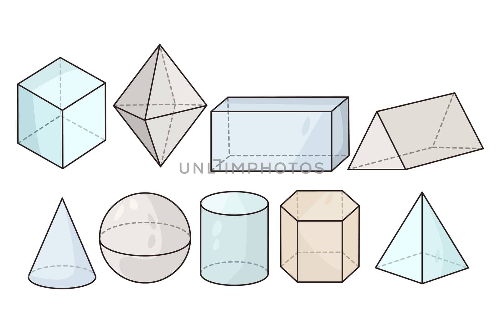 Collection of 3d geometric figures for math school study class or session. Set of regular shapes and forms, circle, triangular and rectangular. Mathematics and science concept. Vector illustration.