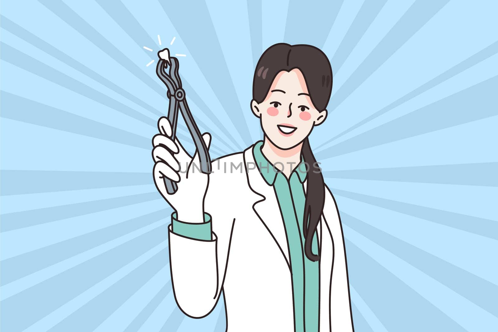 Smiling young woman dentist pull out tooth offer good quality medical service in clinic. Happy female dental doctor recommend taking care of teeth and oral care. Dentistry. Vector illustration.