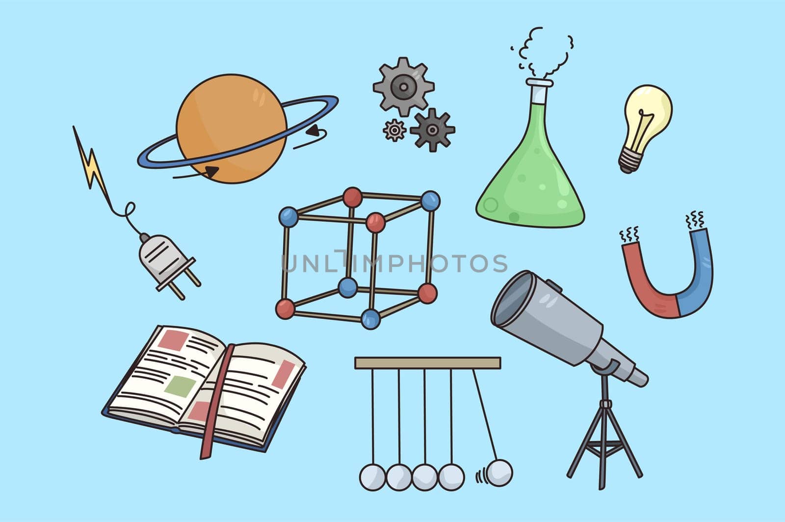 Set of scientific items isolated on blue background. Collection of chemical or physical equipment icons. Physics and chemistry lab research. Experiment and science. Vector illustration.
