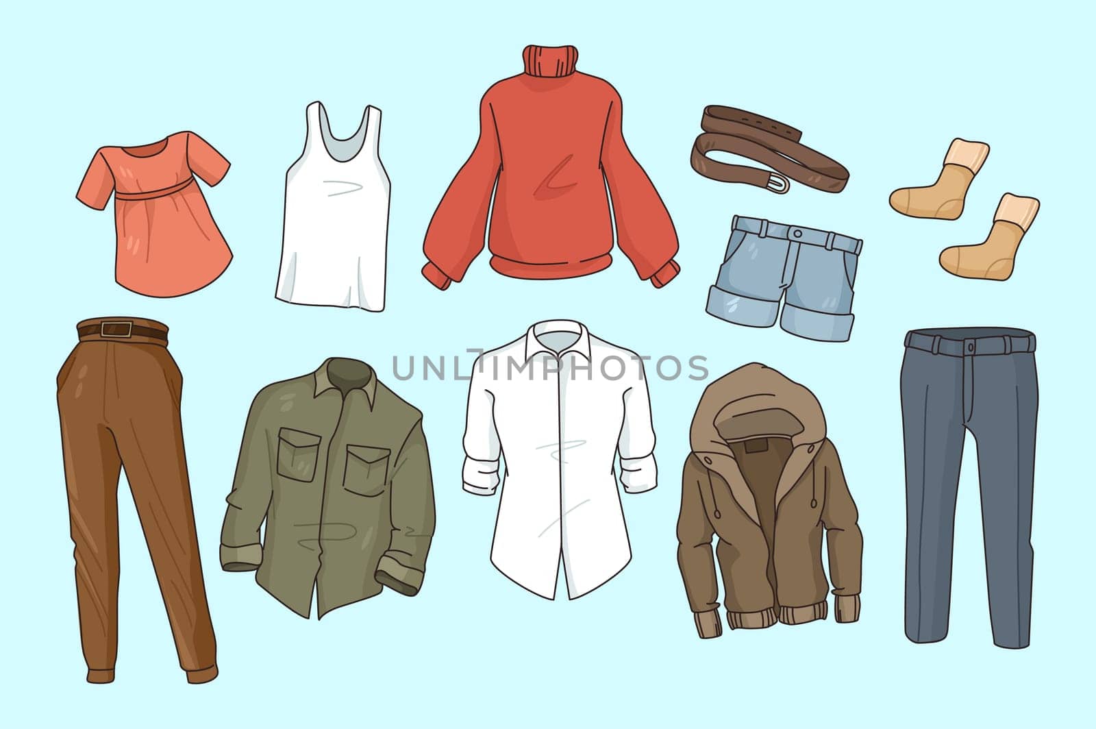 Collection of various men and women clothing pieces. Set of different garment and wear for male and female. Style and fashion. Clothes and accessories. Sale and discount. Vector illustration.