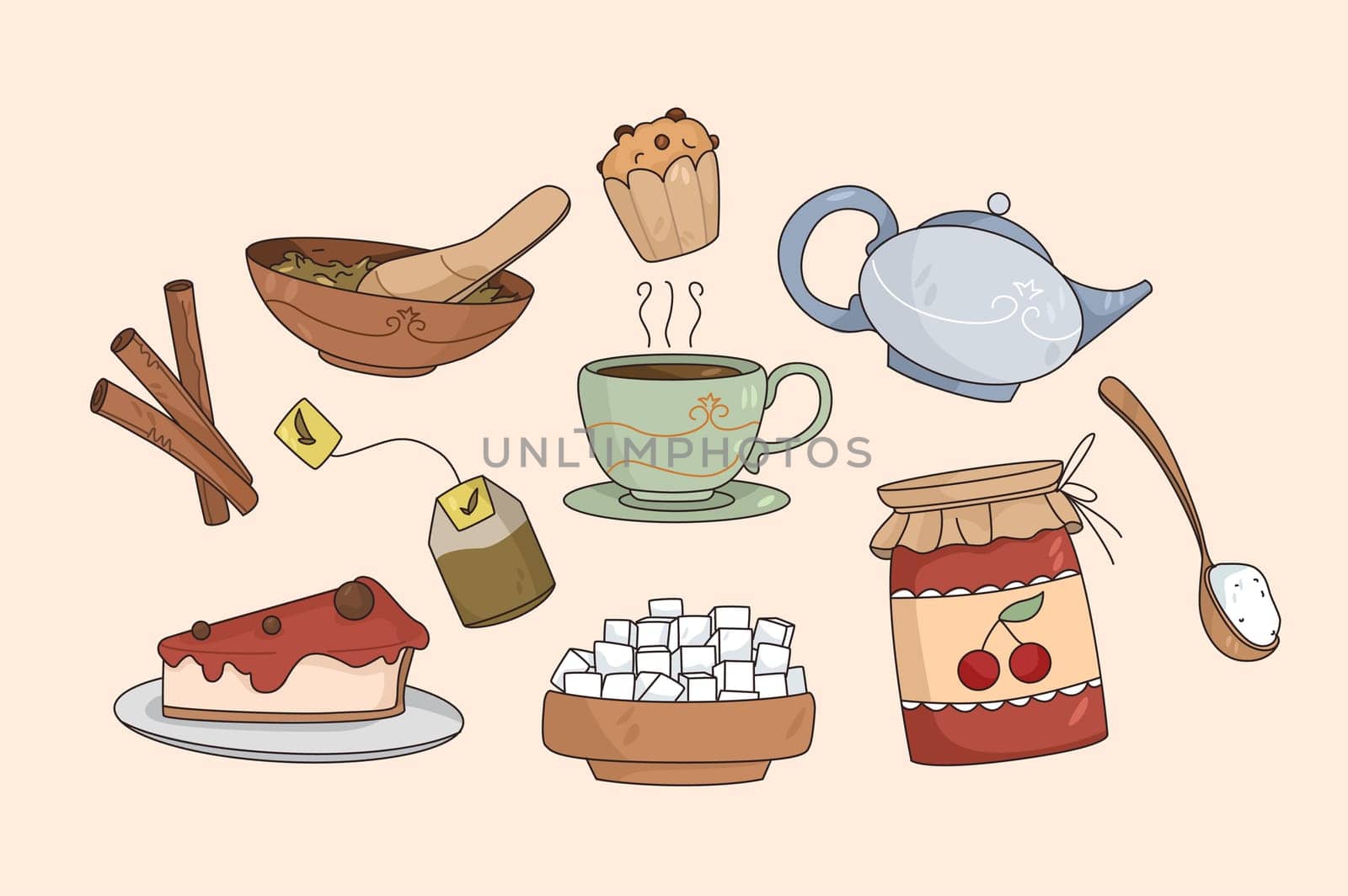 Set of tea and pastry for dessert tasting at home. Collection of coffee and sweet stuff muffin or cupcake with jam. Eating drinking at home for winter weekend relaxation. Vector illustration.