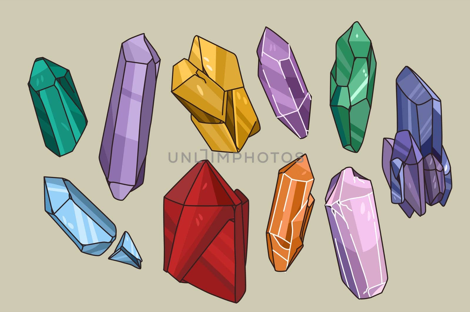 Colorful collection of various natural stones. Set of different size and shape precious gemstones. Minerals and crystals isolated. Semi-precious gems. Flat vector illustration.