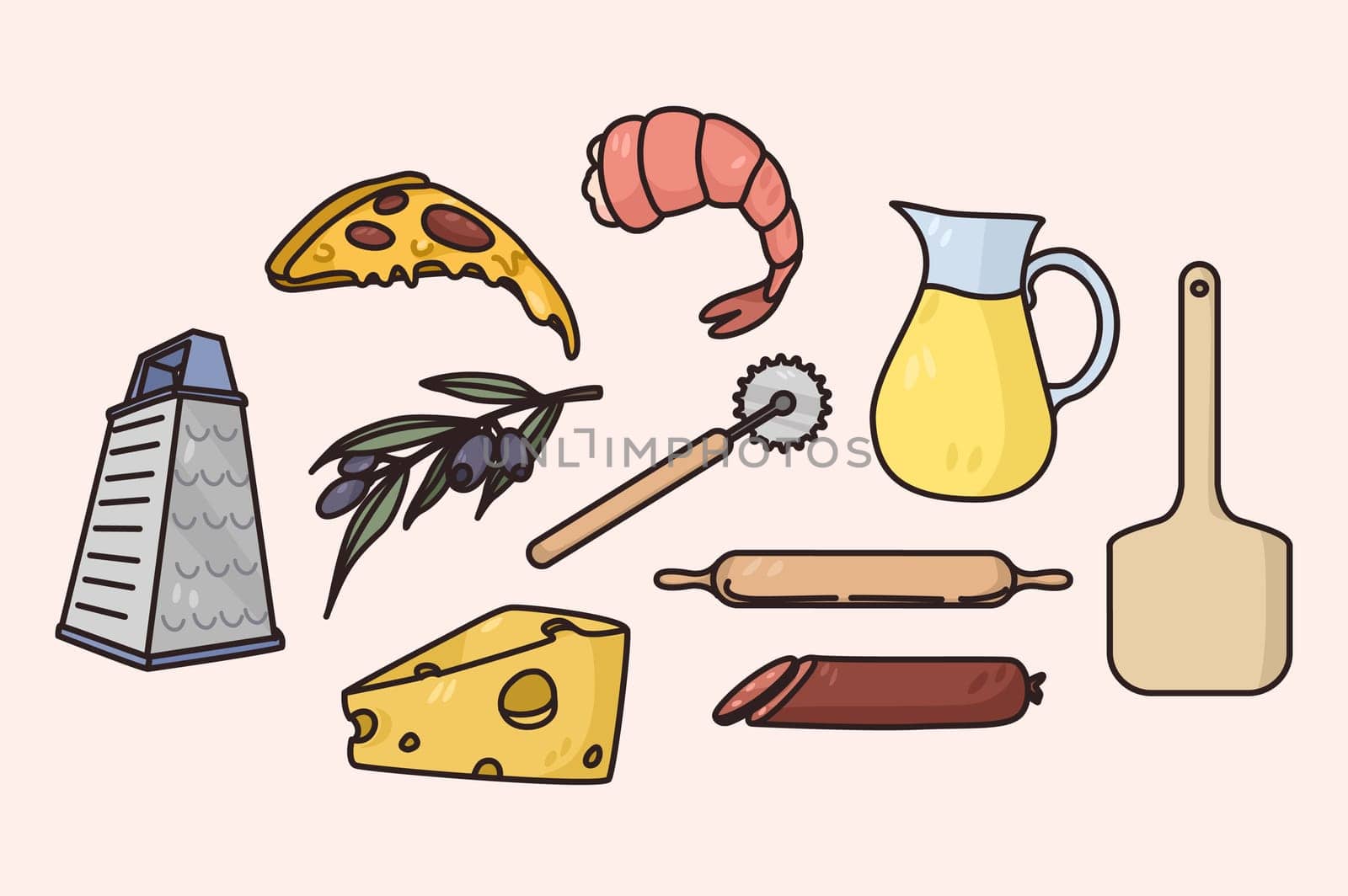 Set of diverse Italian cuisine ingredients for pizza or pasta. Collection of traditional food meal products of Italy origin. Olives, cheese and shrimps. Tools and equipment. Vector illustration.