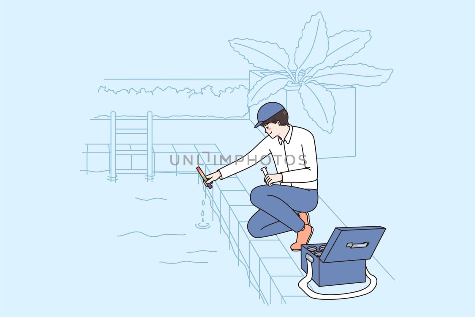 Man with tubes check balance ph level in swimming pool with test stipes. Male worker or employee manage maintain aquarium. Maintenance or cleaning service concept. Flat vector illustration.