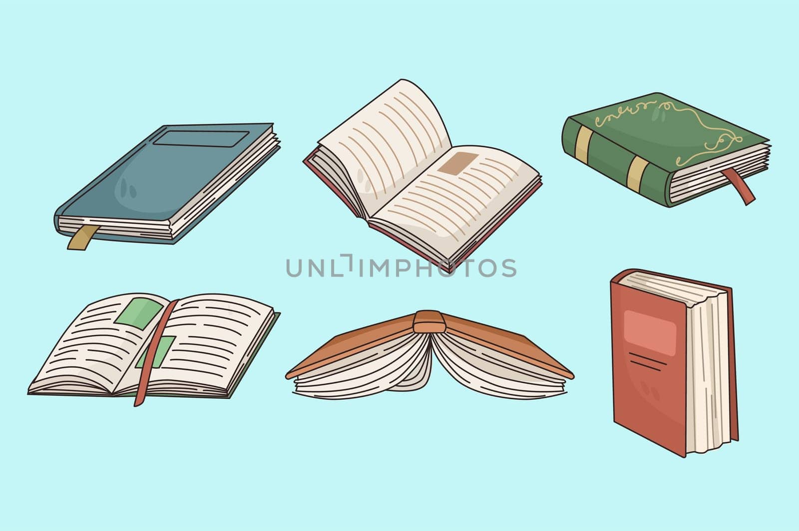 Collection of different books open and closed. Set of classis paper textbooks. Reading as hobby. Literature lover and booklover. Bookstore or bookshop advertising. Flat vector illustration.