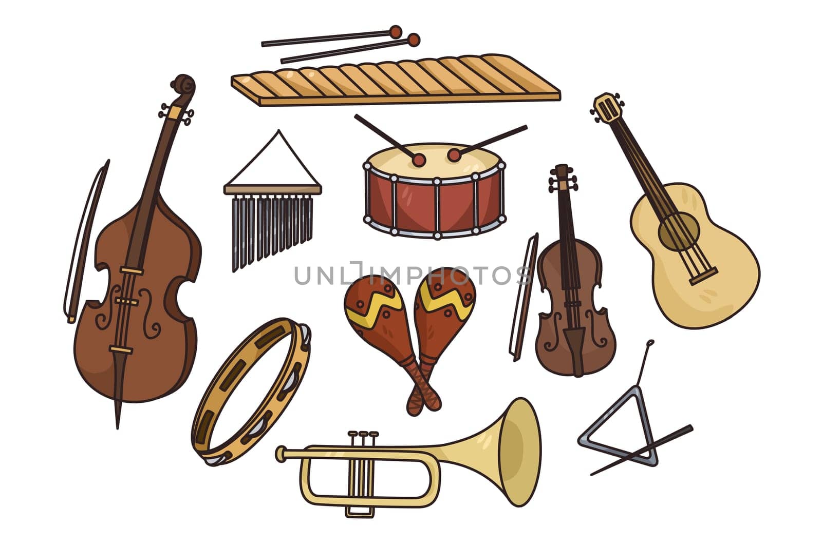 Set of various colorful musical instrument on white background. Collection of music tools used for orchestra or acoustic concert. Musician equipment. Hobby and entertainment. Vector illustration.