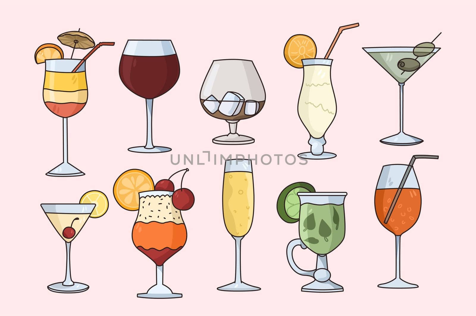 Vector set of cocktails in glasses served at bar. Classic alcoholic beverages isolated on white background. Restaurant of club menu. Alcohol and soft drinks concept. Flat illustration, cartoon.
