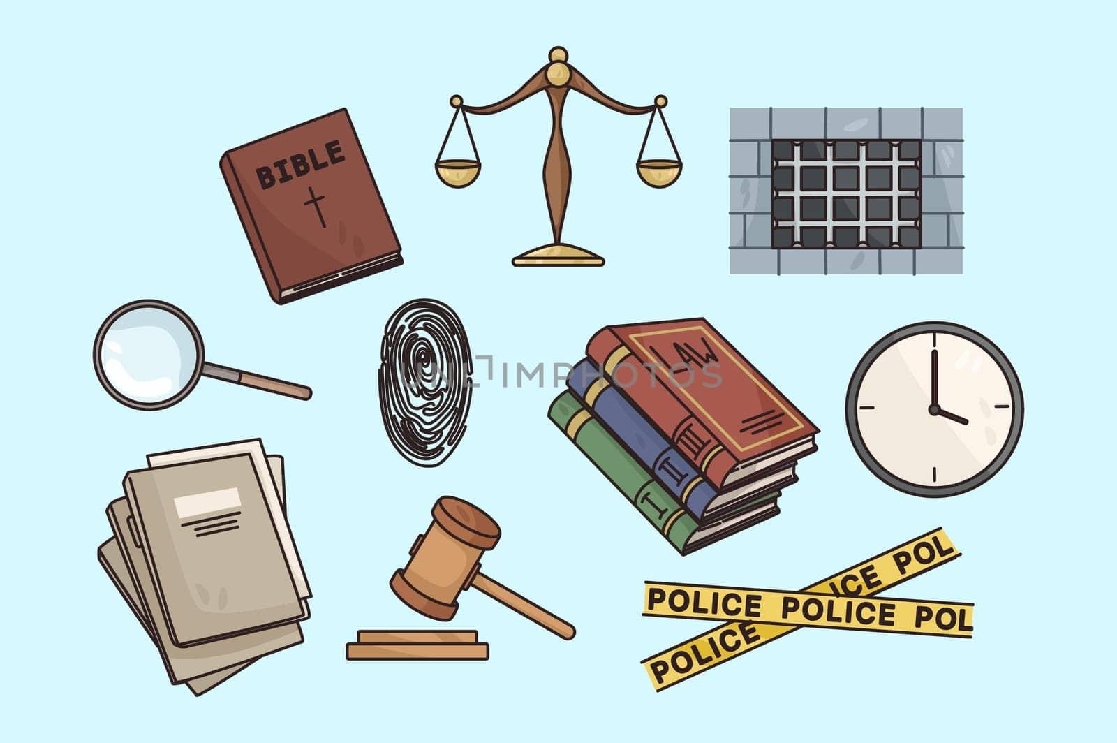 Set of various law and order icons or items. Colorful collection of jurisdiction power and justice. Court and lawyer infographics. Flat vector illustration. Jury, police and bible.