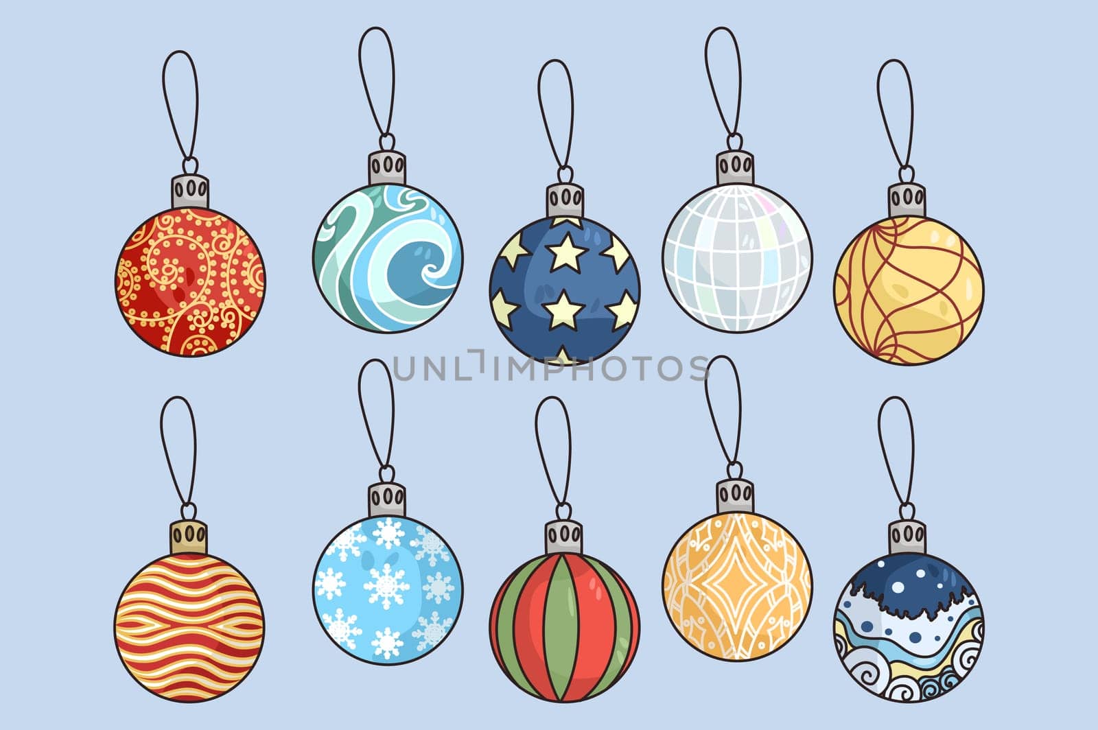 Colorful set of various balls for New Year fir-tree decoration for winter holidays. Collection of colored bulbs for Christmas tree decor. Xmas celebration, decorative element. Vector illustration.