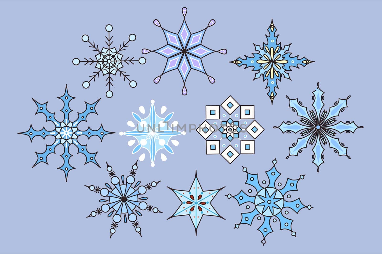 Collection of different size snowflakes. New Year or Christmas celebration. Set of flakes of snow for winter holidays or merry xmas. Cold frozen snowy vacation. Flat vector illustration.