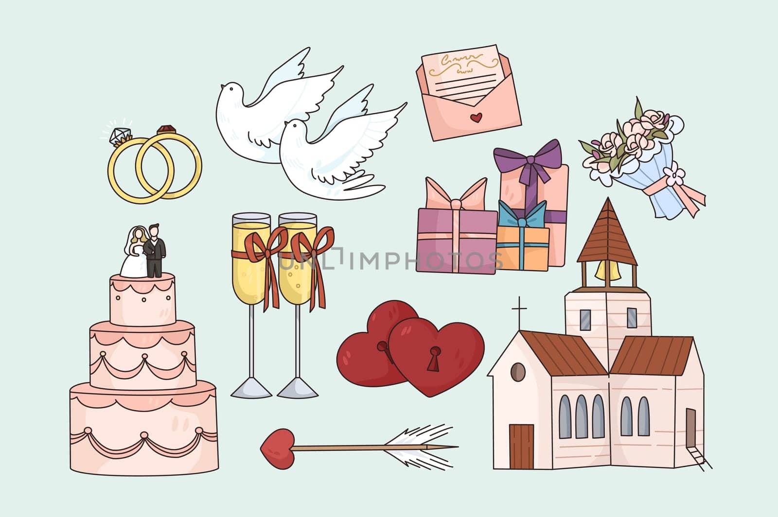 Colorful collection of marriage or engagement special event. Set of wedding icons or items. Celebrate getting married or engaged. Bid day for couple. Flat vector illustration.