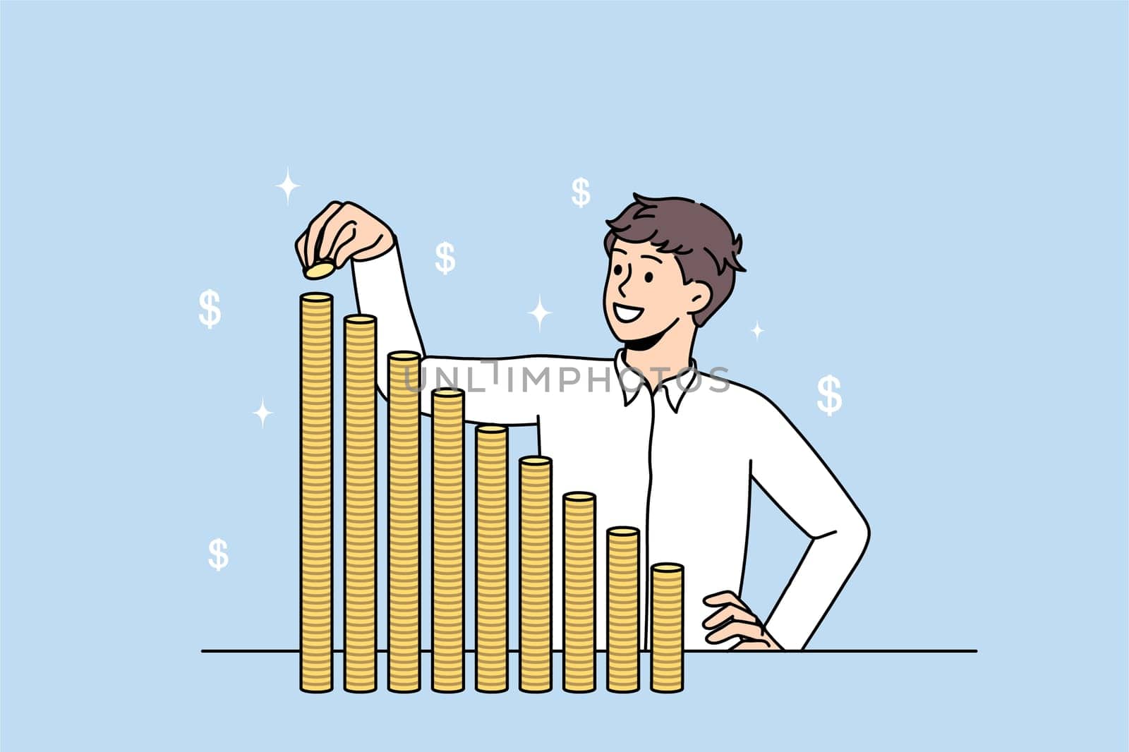 Financial success and development concept. Young smiling businessman standing putting coins upper and upper in stacks feeling positive dynamics vector illustration
